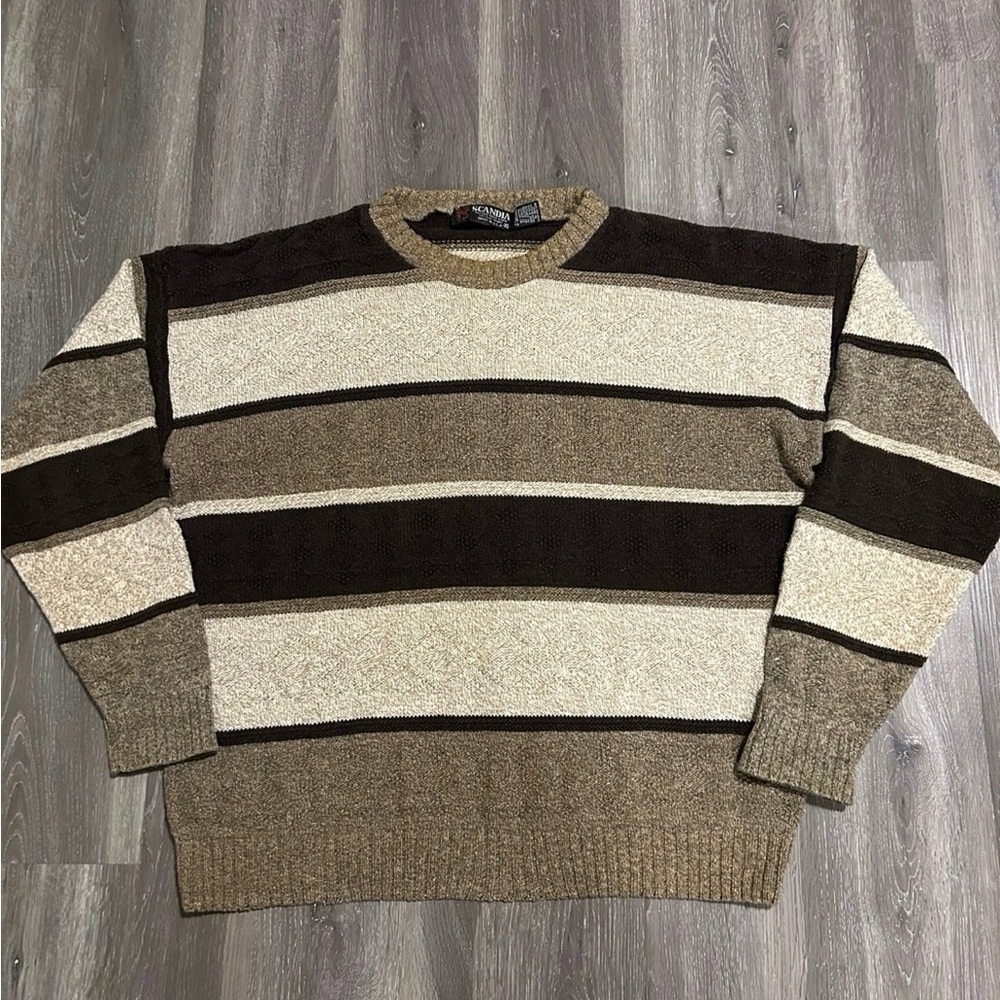 Vintage Grandpacore Sweater Mens XL Brown Striped Cotton Scandia USA